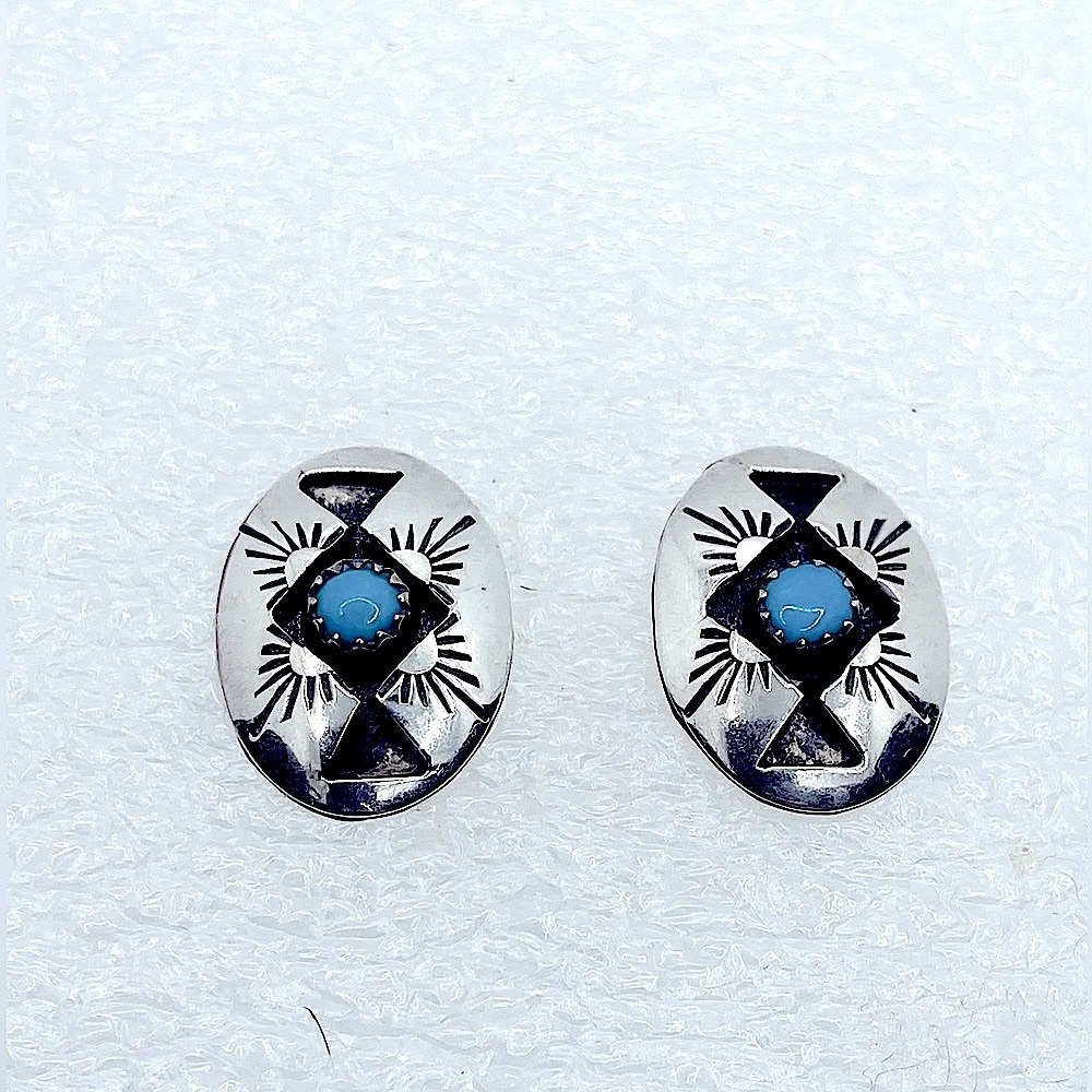 Vtg Navajo Sterling Turquoise Engraved Design Stud Earrings .8” / 21mm